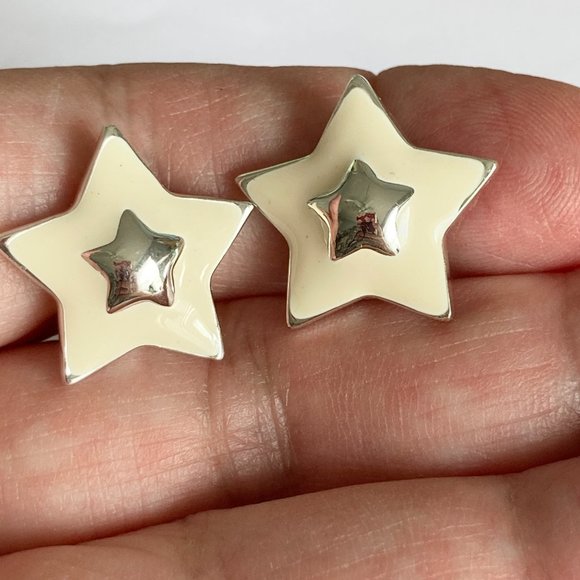 Vintage White Enamel Stars Clip On Earrings 80s 90s Silver Plated Celestial - Picture 5 of 11